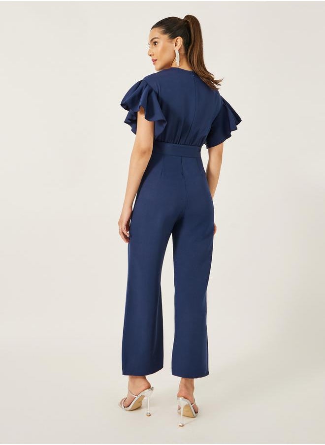 Styli - Flutter Sleeve Round Neck Belted Jumpsuit - Image 1