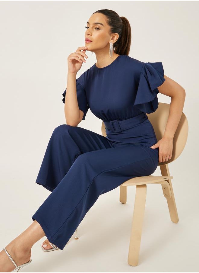 Styli - Flutter Sleeve Round Neck Belted Jumpsuit - Image 1