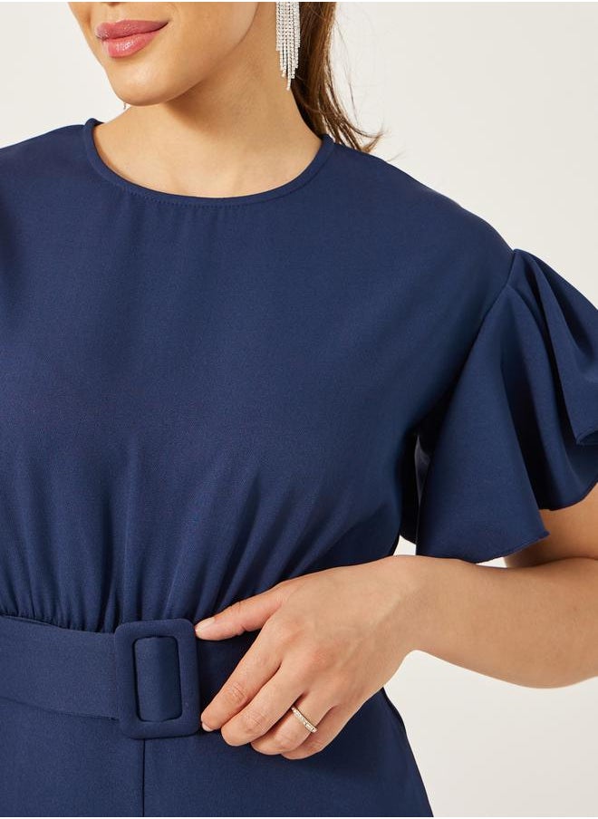Styli - Flutter Sleeve Round Neck Belted Jumpsuit - Image 1