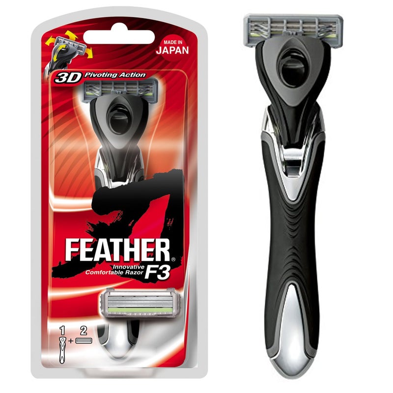Feather - F3 Shaving Razor - Pivoting Head Shaving Razor with Wavy Guard and SiC Ceramic Coating - 3 Blade Shave Cartridge for Regular to Sensitive Face and Skin - Disposable Blades - Image 1