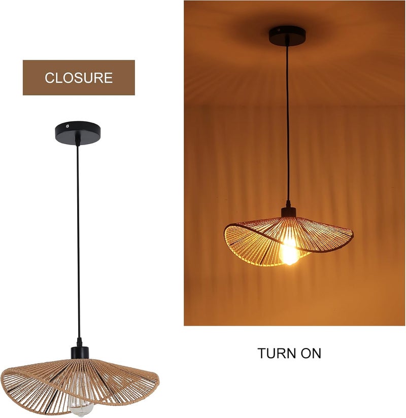 Garwarm Chandelier Boho Rattan ceiling light Pendant Light Fixture Modern Hanging Light Bamboo Handwoven 1-Light Hanging Lamp for Farmhouse Bedroom Living Room Dining Room 41cm - Image 4
