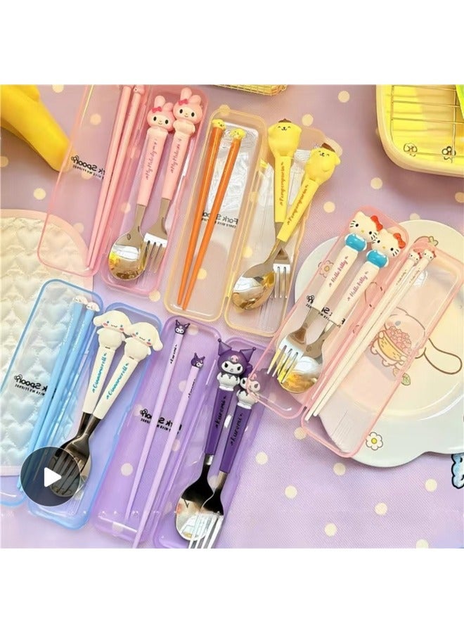 HL-015 Cartoon Sanlio Portable Tableware Suit Stainless Steel Spoon Fork Chopsticks Cross-border Hot Sale Non-slip Chopsticks-Specifications:Mld Three-piece Tableware Set - Image 3