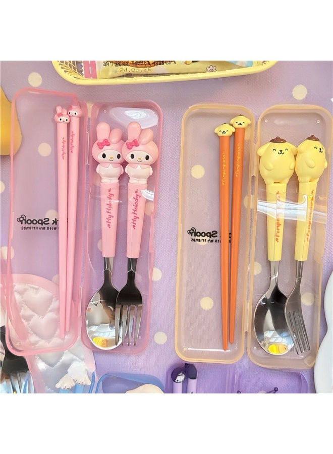 HL-015 Cartoon Sanlio Portable Tableware Suit Stainless Steel Spoon Fork Chopsticks Cross-border Hot Sale Non-slip Chopsticks-Specifications:Mld Three-piece Tableware Set - Image 5