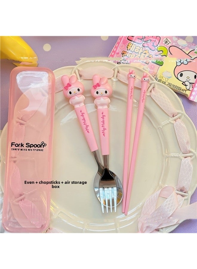 HL-015 Cartoon Sanlio Portable Tableware Suit Stainless Steel Spoon Fork Chopsticks Cross-border Hot Sale Non-slip Chopsticks-Specifications:Mld Three-piece Tableware Set - Image 1
