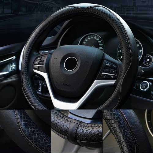 Valleycomfy Steering Wheel Covers Universal 15.75 inch - Genuine Leather, Breathable, Anti Slip & Odor Free (Black with Black Lines, L(15" 1/2-16")) - Image 3