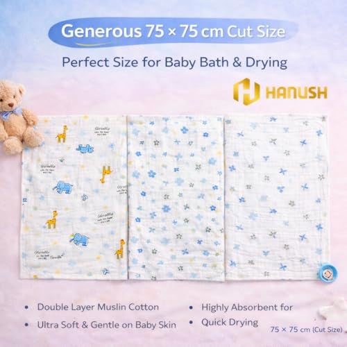 HANUSH 100% Muslin Cotton Baby Bath Towel – Double Layer Soft Newborn Bath Wrap, Organic Muslin Towel for Infants & Babies - Image 4