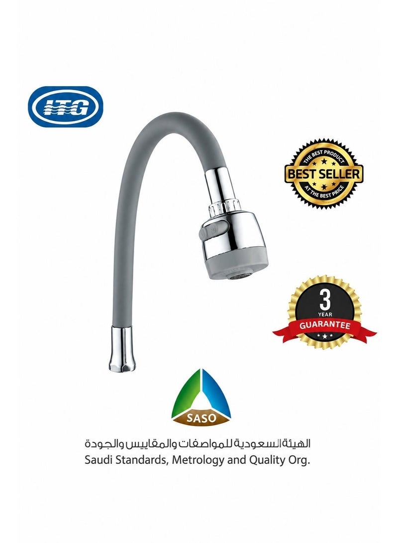 ITG Grey Faucet Extension Hose, Universal Flexible Tap Tube with Rotating Nozzle, EPDM Core, Silicone Outer Layer, Iron Insert, Kitchen Sink Connector, Anti-Leak, Easy Install - Image 1