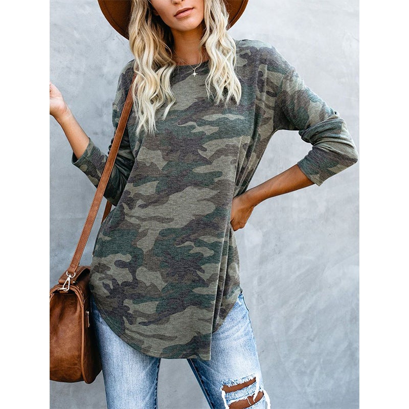 2020 AliExpress Europe and the United States autumn and winter new tops camouflage printing round neck long-sleeved t-shirt women y-508 green XXL - Image 3