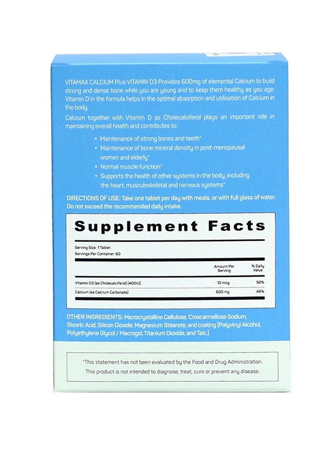 Vitamax Calcium 600MG + Vitamin D3 400IU Tab 60's - Image 2