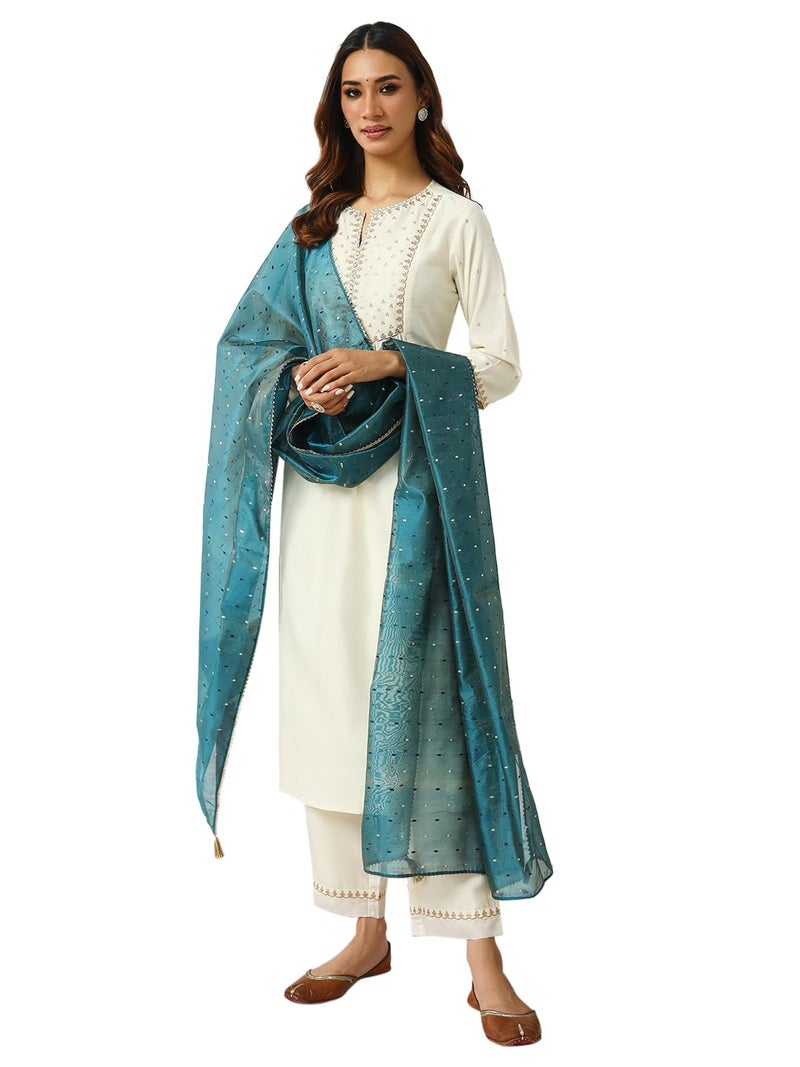 FIORRA Women's Off White Silk Blend Nayra Cut Kurta and Pant with Embroidered Dupatta SET0158 - Image 1