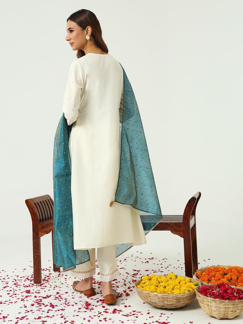 FIORRA Women's Off White Silk Blend Nayra Cut Kurta and Pant with Embroidered Dupatta SET0158 - Image 3