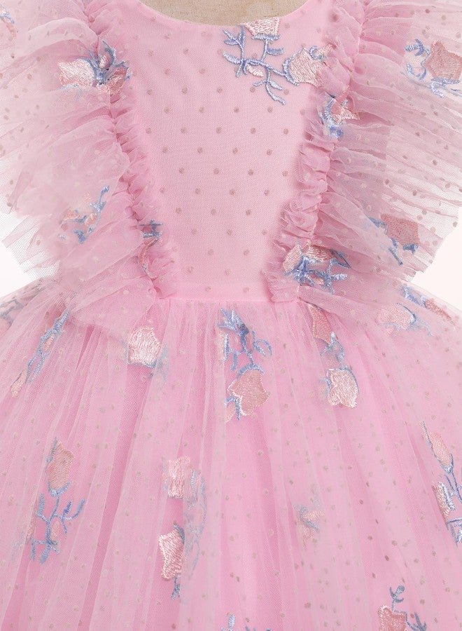 ODOLDI Girls Sequin Dress Toddler Shiny Rainbow Stars Tulle Dresses Ruffle Sleeve Birthday Party Photo Shoot Pink 18-24 Months - Image 2