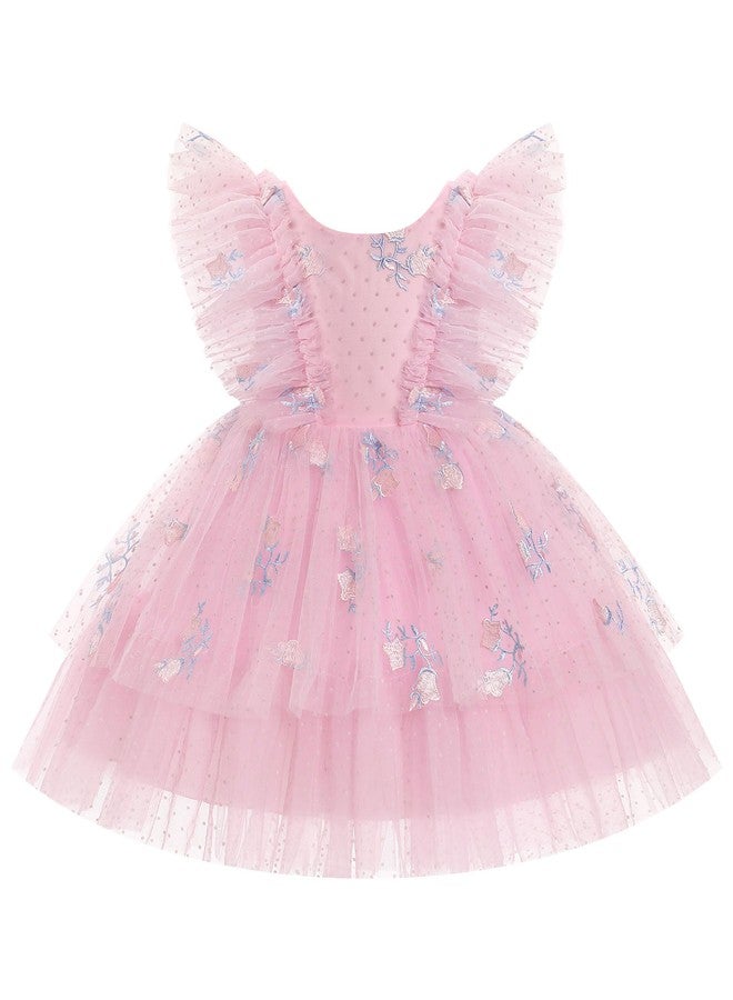 ODOLDI Girls Sequin Dress Toddler Shiny Rainbow Stars Tulle Dresses Ruffle Sleeve Birthday Party Photo Shoot Pink 18-24 Months - Image 1