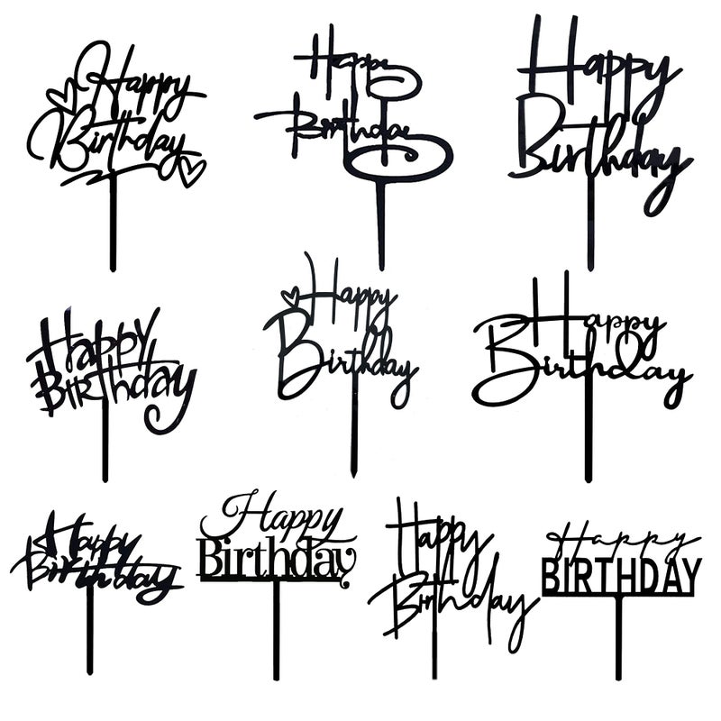 RASSLISA 10 PCS Black Happy Birthday Cake Topper Acrylic Cupcake Topper A Series of Birthday Cake Supplies Decorations - Image 1