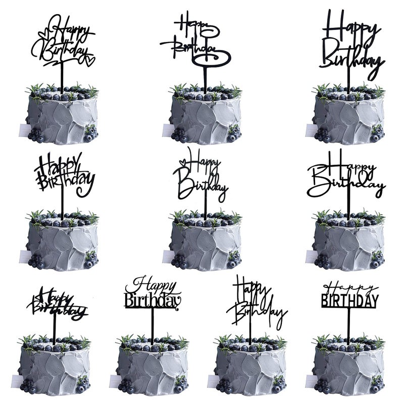 RASSLISA 10 PCS Black Happy Birthday Cake Topper Acrylic Cupcake Topper A Series of Birthday Cake Supplies Decorations - Image 5