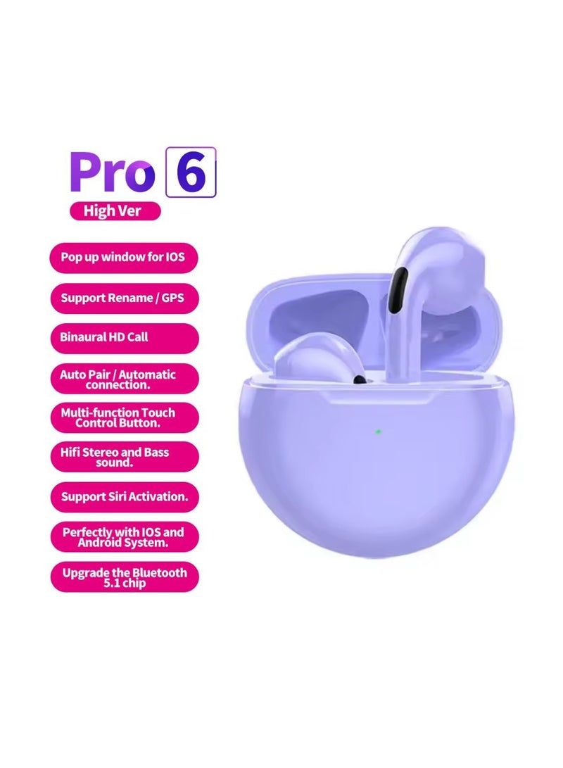 DIGI CORE Pro 6 TWS True Wireless Headphones Bluetooth Earphone Earbuds Bass Headset Wireless Earbuds In-Ear Earbuds Lightweight Bluetooth 5.0 Headphones With Mic Multimode Headphone (Purple) - Image 2
