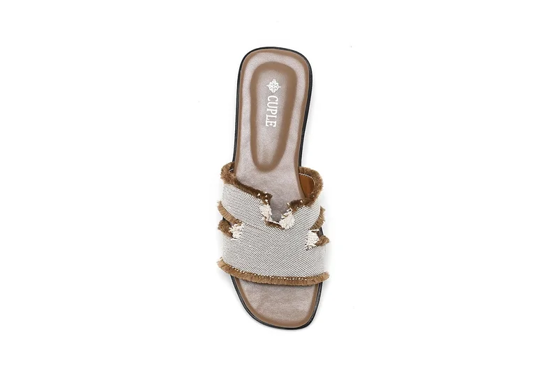 Cuple Textured Flat Slide Sandal with Frayed Edges