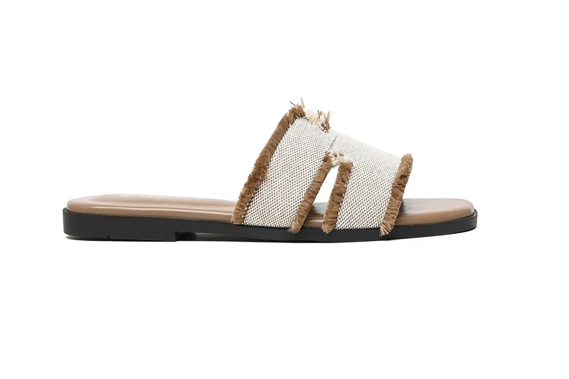 Textured Flat Slide Sandal with Frayed Edges
