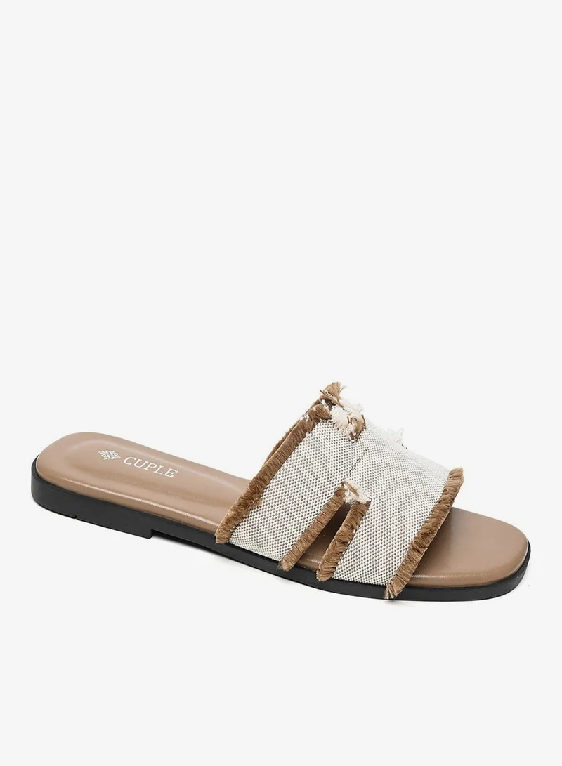 Cuple Textured Flat Slide Sandal with Frayed Edges