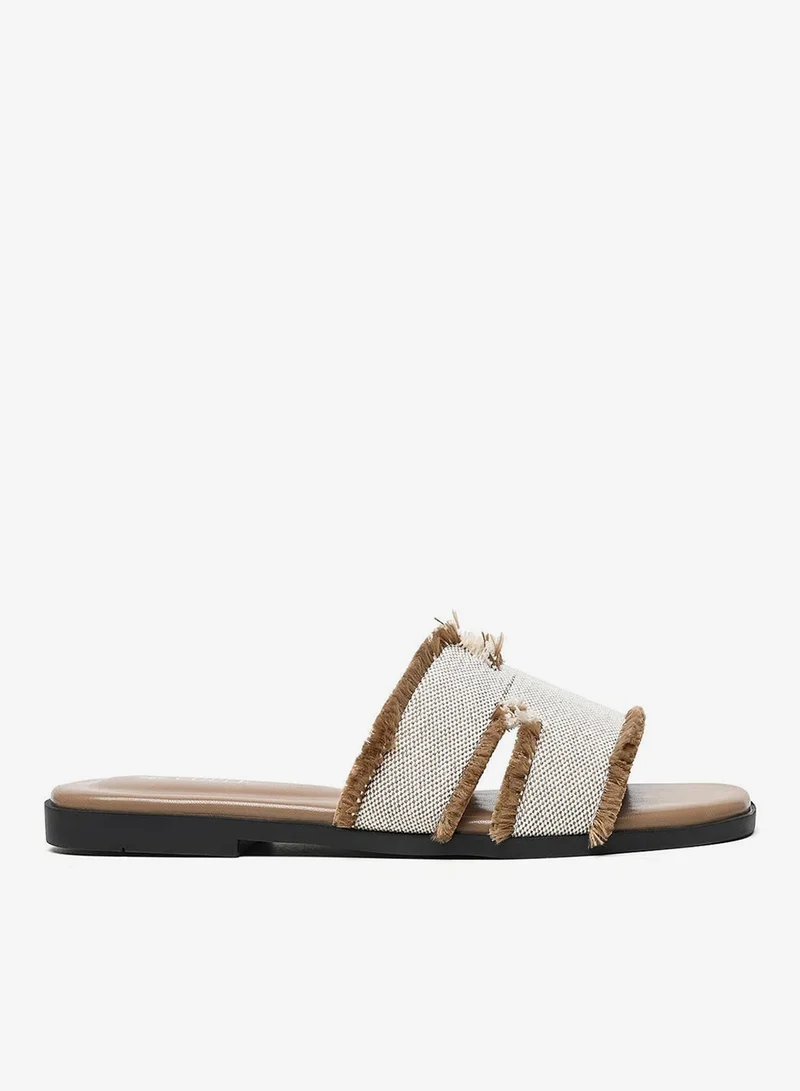 Cuple Textured Flat Slide Sandal with Frayed Edges
