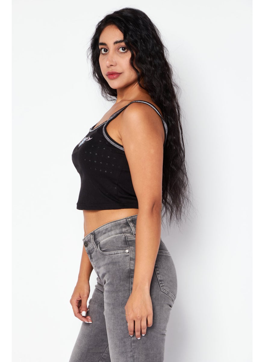 X-Girl Women Round Neck Sleeveless Embroidered Tank Top, Black  - Image 3