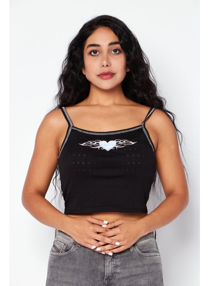 X-Girl Women Round Neck Sleeveless Embroidered Tank Top, Black  - Image 1