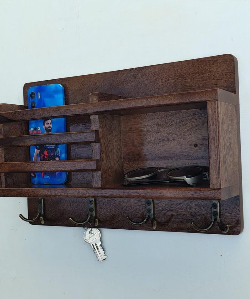keeam Decor Key Holder for Wall Rustic Wood Mail Organizer and Key Rack with 4 Key Hooks Floating Shelf Mail Decor Carbonized Wall nut 1535 x90 x 29  - Image 2