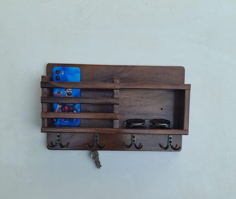 keeam Decor Key Holder for Wall Rustic Wood Mail Organizer and Key Rack with 4 Key Hooks Floating Shelf Mail Decor Carbonized Wall nut 1535 x90 x 29  - Image 1