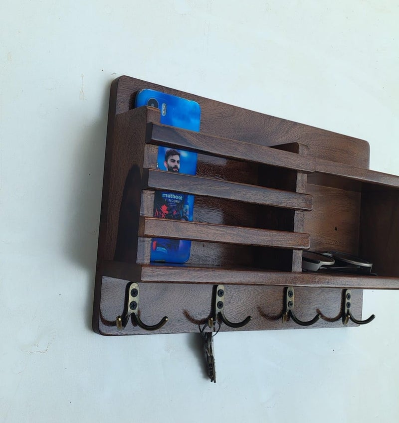 keeam Decor Key Holder for Wall Rustic Wood Mail Organizer and Key Rack with 4 Key Hooks Floating Shelf Mail Decor Carbonized Wall nut 1535 x90 x 29  - Image 3