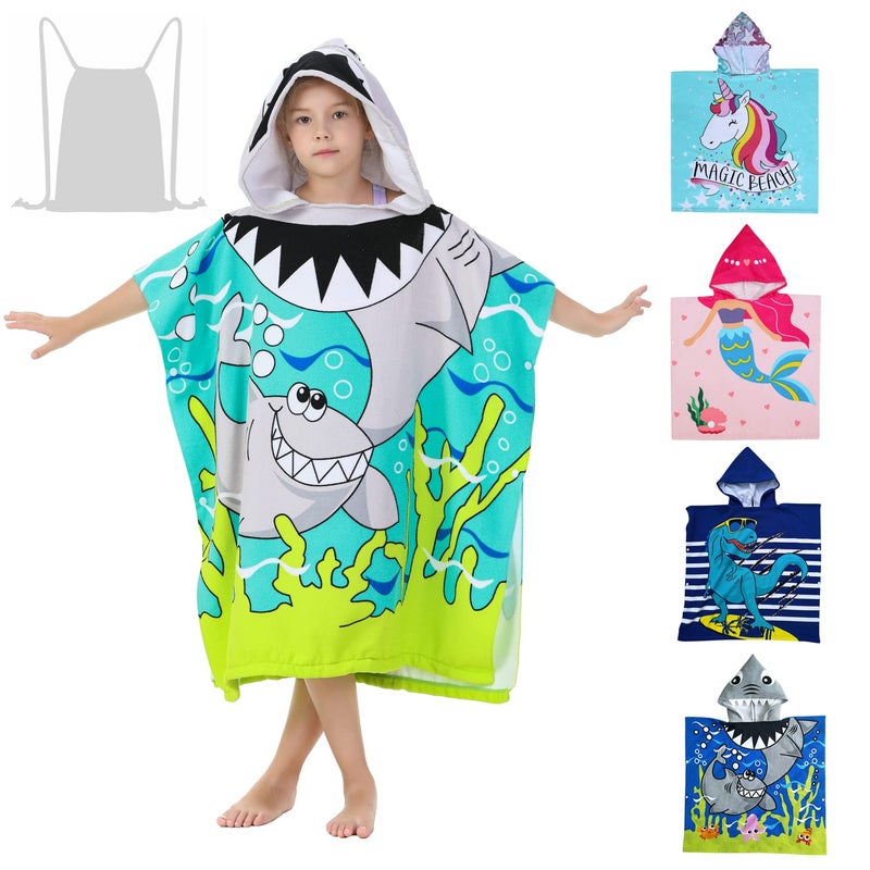 Athaelay Shark Theme Coverups for Big Kids Hooded Bath Poncho Towels with Hood Children Beach Wearable Cover ups