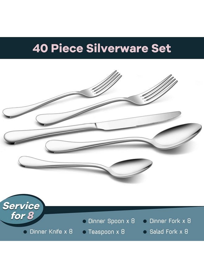 E-far 40-Piece Silverware Set for 8, E-far 18/10 Stainless Steel Flatware Cutlery Metal Eating Utensil Tableware Forks and Spoon Sets for Restaurant Wedding - Simple Fancy Style & Dishwasher Safe - Image 2