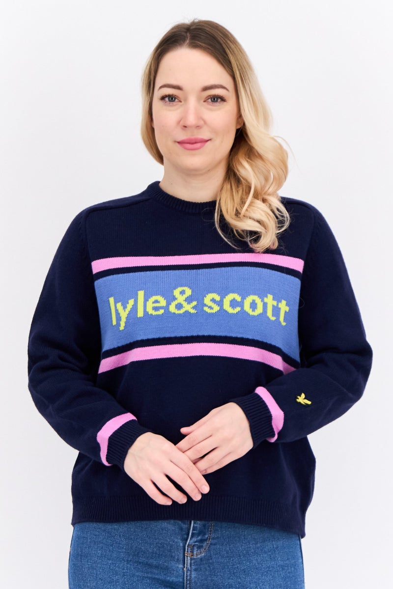 Lyle & Scott Women Crew Neck Brand Logo Sweater, Navy Combo - Image 1