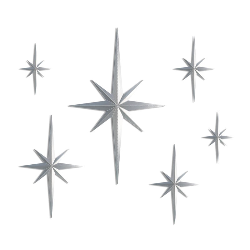 Stylor Mid Century Modern Decor Mcm Retro 3D Star Art Wall Sculpture Plastic Starburst Decor Vintage Celestial Whimsigoth Home Decor Accent Set of 6 Silver - Image 2