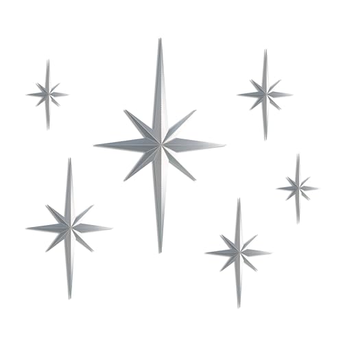 Stylor Mid Century Modern Decor Mcm Retro 3D Star Art Wall Sculpture Plastic Starburst Decor Vintage Celestial Whimsigoth Home Decor Accent Set of 6 Silver - Image 1