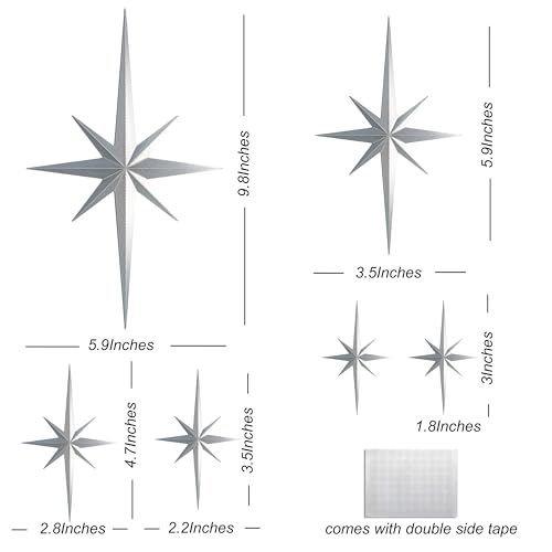 Stylor Mid Century Modern Decor Mcm Retro 3D Star Art Wall Sculpture Plastic Starburst Decor Vintage Celestial Whimsigoth Home Decor Accent Set of 6 Silver - Image 3