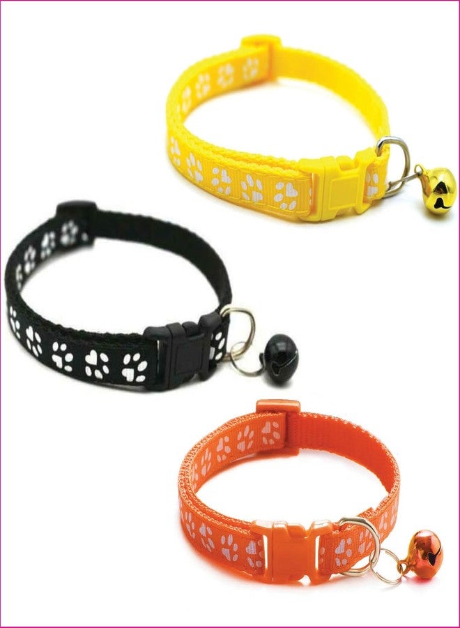 Litvibes Cat Collars Set of 3 with Bell,Kitten & Small Soft Adjustable Collar Safe,Solid Breakaway for Cats & Puppies,Cute Kitty Neckband with Paw Print- (Black,Yellow,Orange) - Image 1