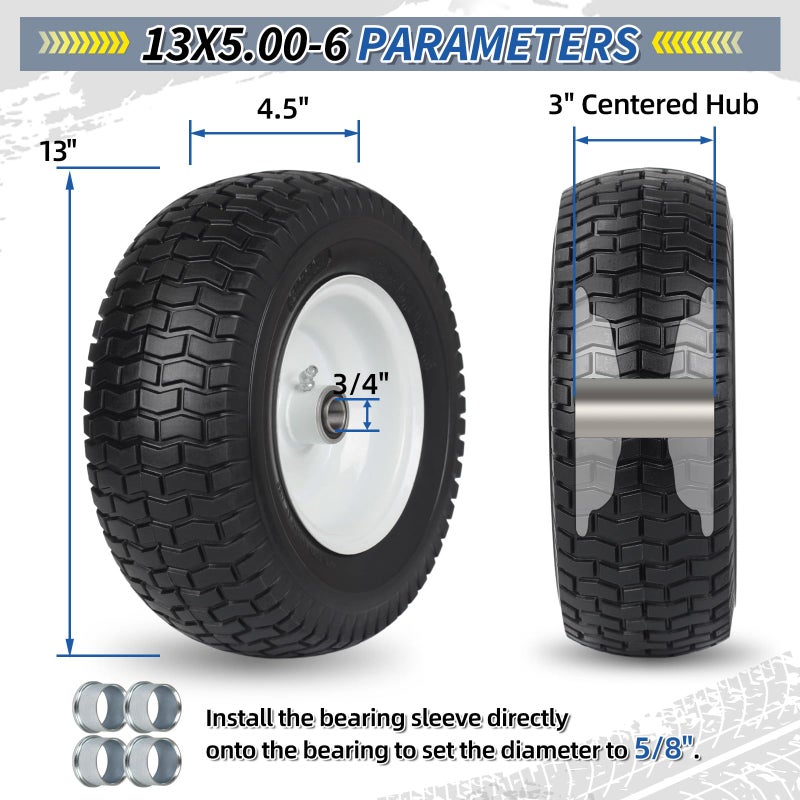 GICOOL 2 Pack, 13x5.00-6 Flat Free Lawn Mower Tire and Wheel, 13x5-6 Riding Lawnmower Tire with 3"-6" Centered Hub and 3/4" & 5/8" Bearings, Tractor Turf Tire Turf-Friendly, 2 Pack - Image 2