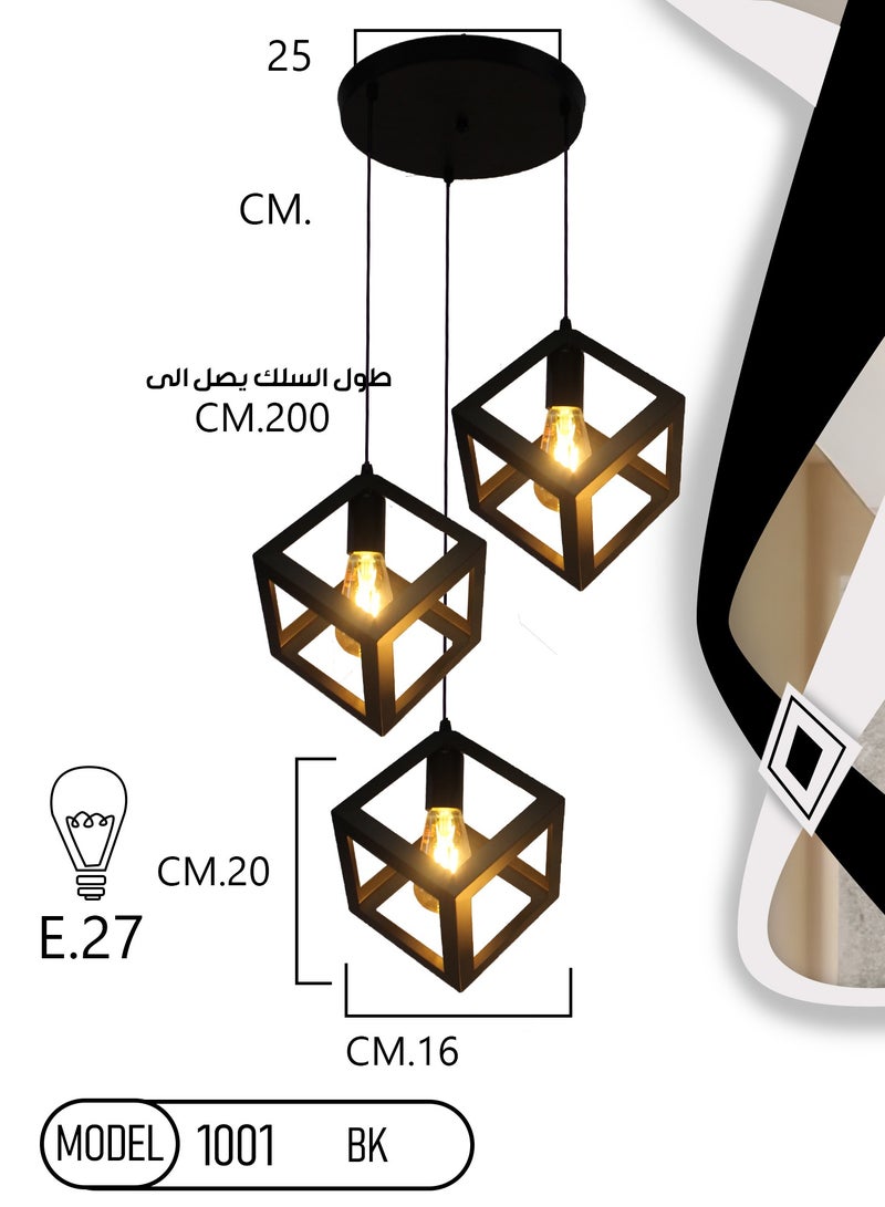 بيست باور وحدة إضاءة سقف ثلاثية شكل مكعب بتصميم صناعي - ثريا معدنية بثلاثة مصابيح - أسود - Image 5