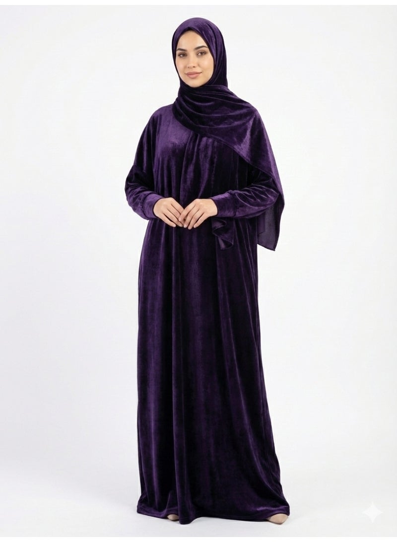Luxury Velvet Prayer Dress (Jalabiya), Loose Fit with Attached Hijab - Dark Purple (Aubergine) - Image 1