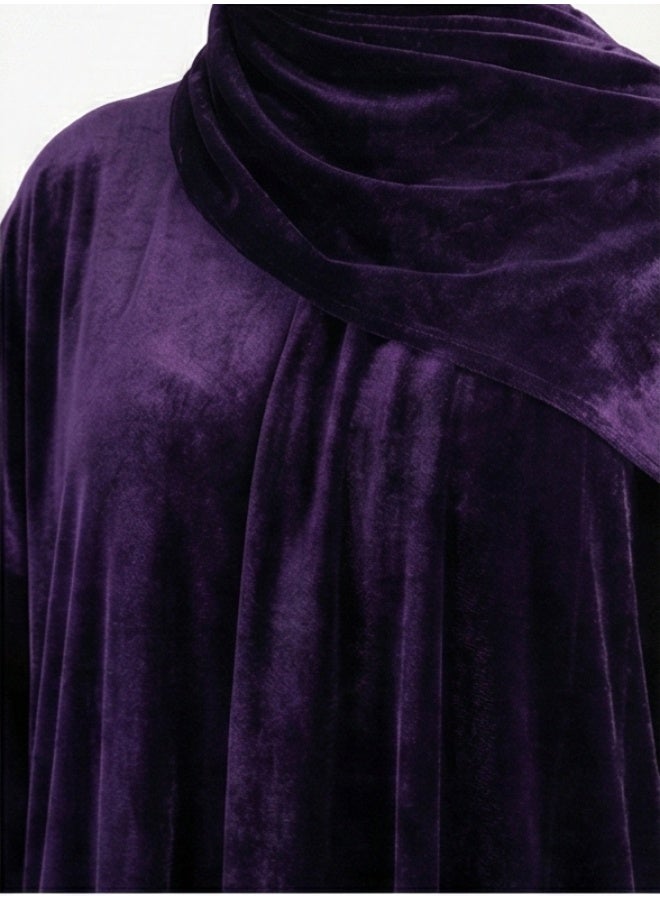 Luxury Velvet Prayer Dress (Jalabiya), Loose Fit with Attached Hijab - Dark Purple (Aubergine) - Image 3