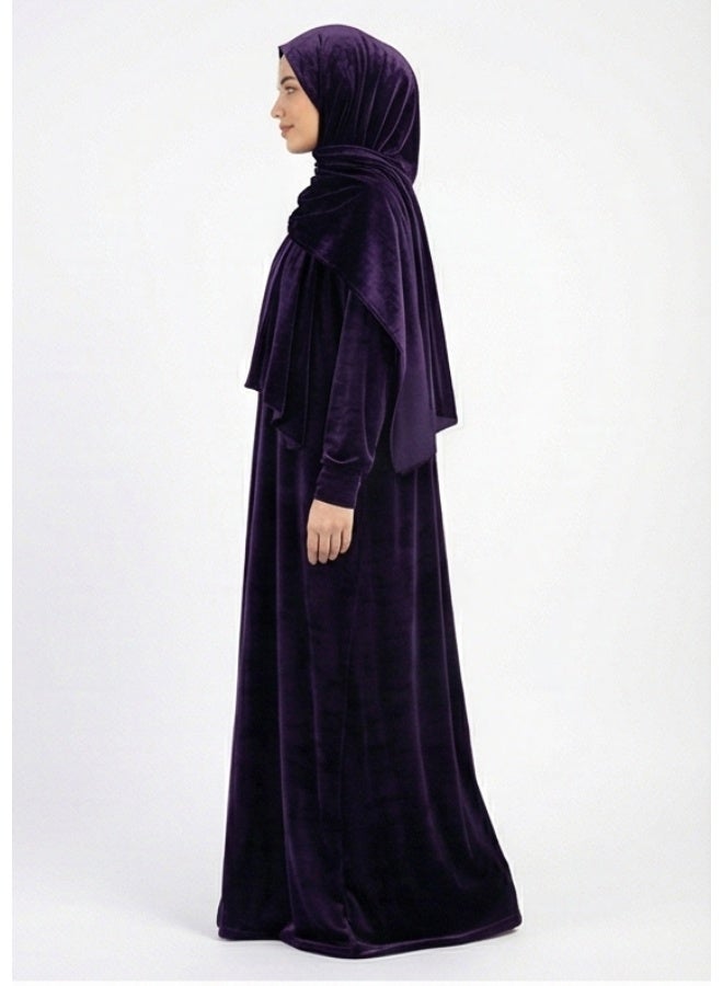 Luxury Velvet Prayer Dress (Jalabiya), Loose Fit with Attached Hijab - Dark Purple (Aubergine) - Image 4