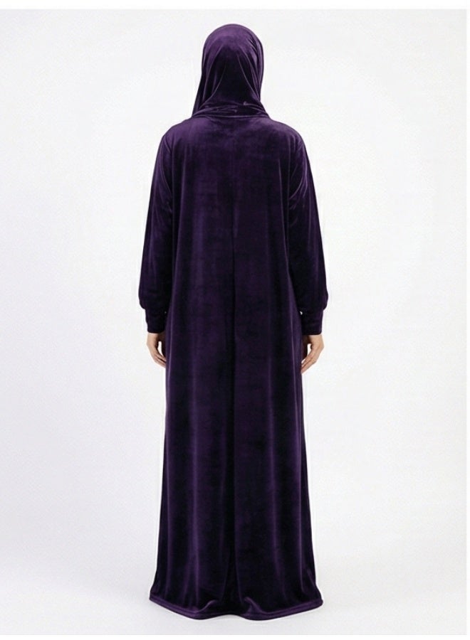 Luxury Velvet Prayer Dress (Jalabiya), Loose Fit with Attached Hijab - Dark Purple (Aubergine) - Image 2