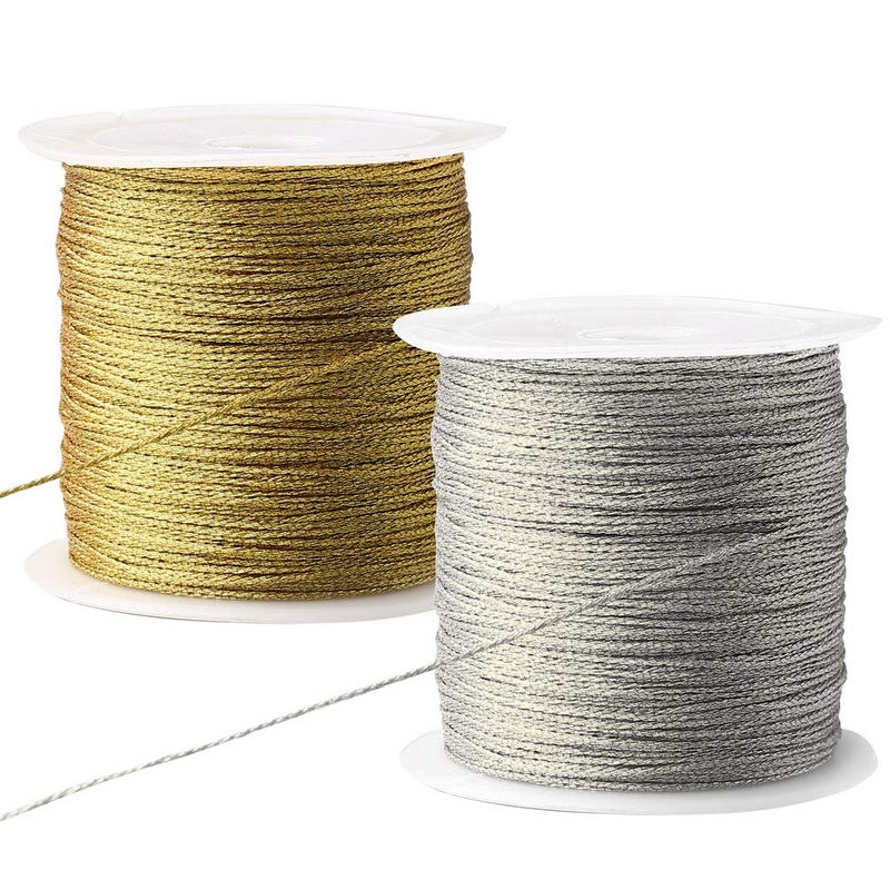 Pengxiaomei 218 Yards656 Feet Metallic Cord 2 Pcs Spool Metallic Thread Colored Jewelry Thread Colored Craft Gold String Tinsel String Craft Making Cord for Gift Wrapping05mm