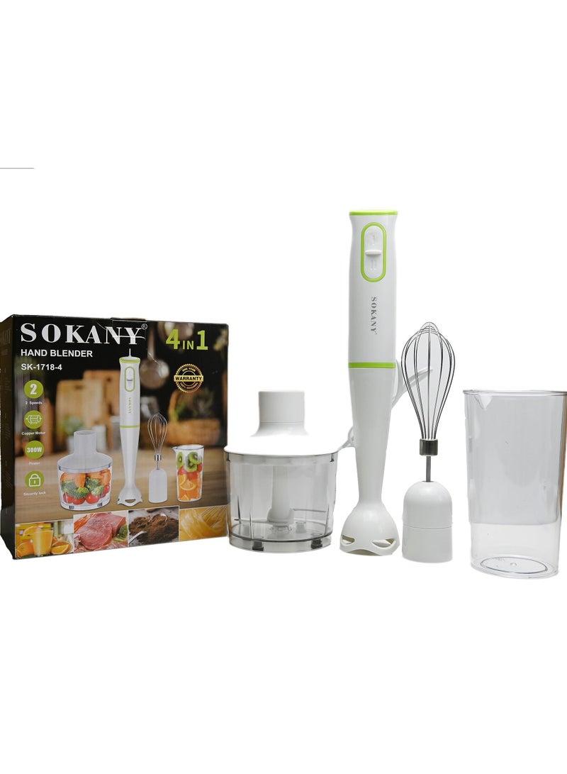 sokany Sokany Hand Blender 4 In 1 Food Processor Grinder Egg Whisk Beaker Chopper - 300 Watt (SK-1718-4) - Image 1
