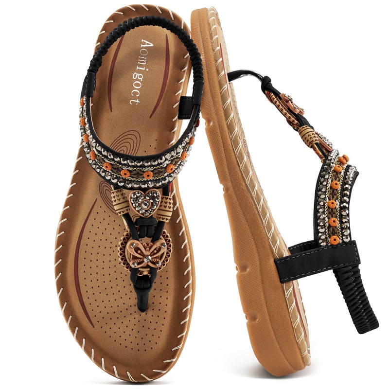 Aomigoct Sandals Women Flat Shoes Dressy Summer Bohemian Flats Shoes for Women Sandals Comfortable Ankle Strap Outdoor Walking