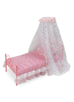 Badger Basket Starlights Toy Metal Doll Bed With Canopy Lights And Bedding For 18 Inch Dolls Pink  - Image 1