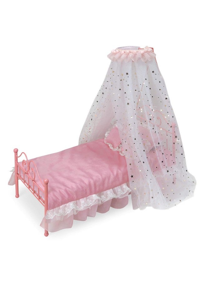 Badger Basket Starlights Toy Metal Doll Bed With Canopy Lights And Bedding For 18 Inch Dolls Pink - Image 1