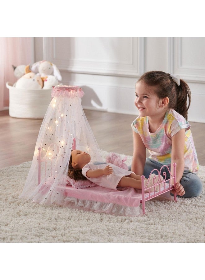 Badger Basket Starlights Toy Metal Doll Bed With Canopy Lights And Bedding For 18 Inch Dolls Pink - Image 3