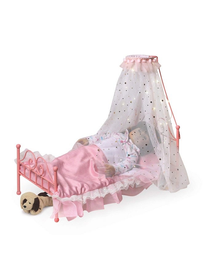 Badger Basket Starlights Toy Metal Doll Bed With Canopy Lights And Bedding For 18 Inch Dolls Pink - Image 4