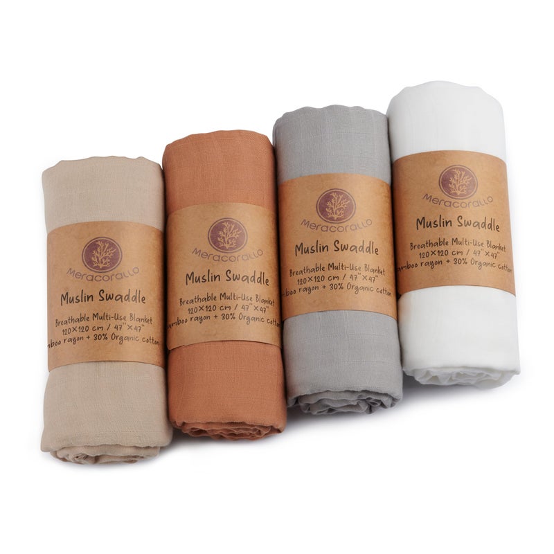 Meracorallo Muslin Swaddle Blanket Silky Soft Receiving Blanket Neutral Swaddle Wrap for Baby Boys and Girls, 47 x 47 inches, Set of 4 Solid Color - Image 1